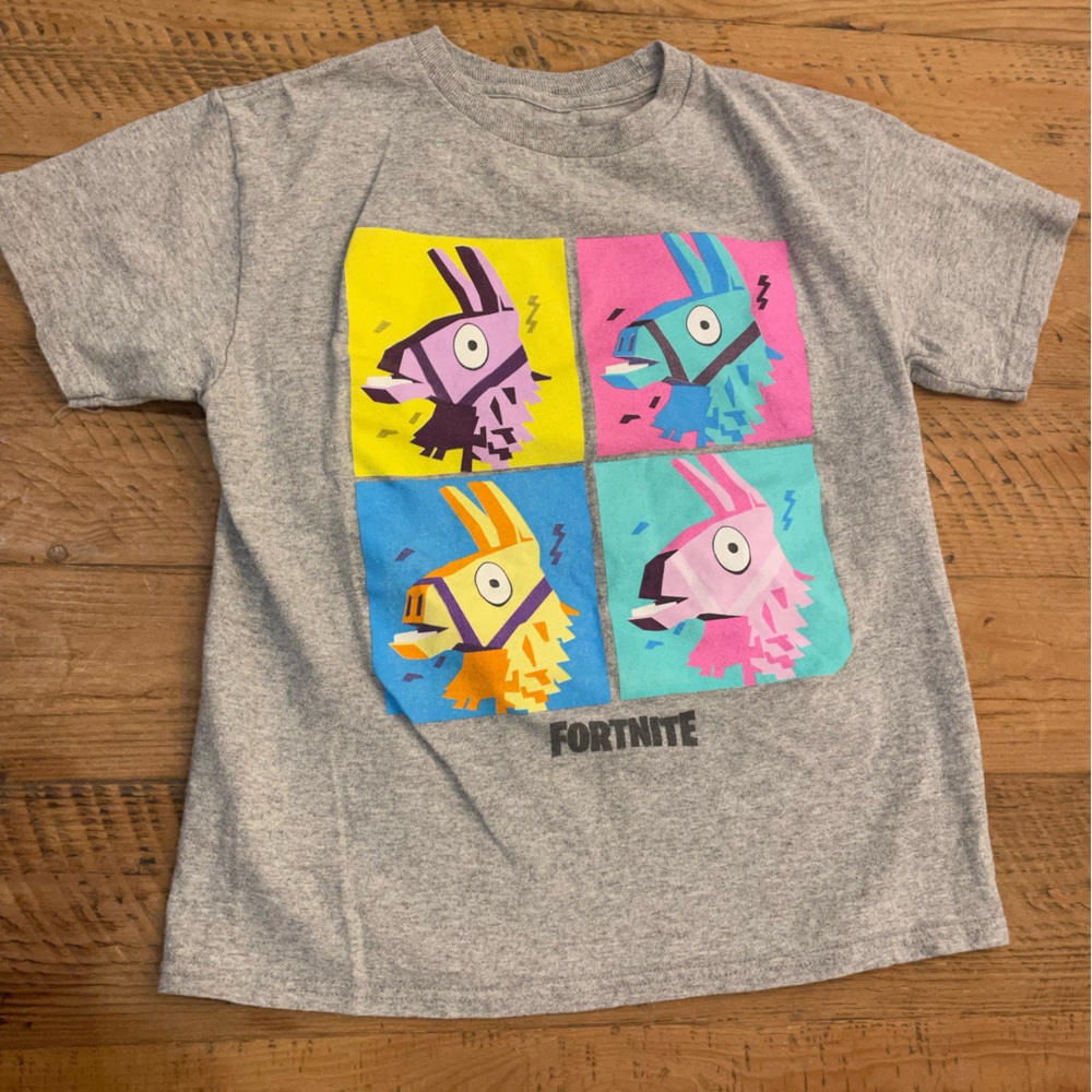Fortnite Kids Short Sleeve T-Shirt - Gray with Colorful Llama Print